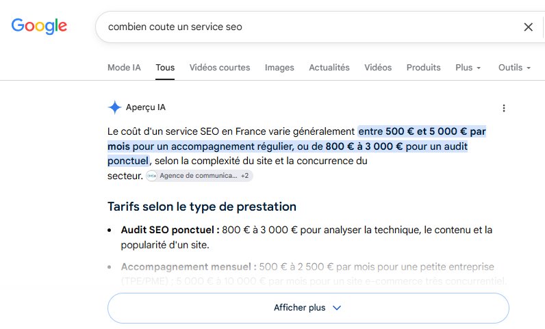 Aperçu IA de Google (AI Overview) sur une recherche SEO
