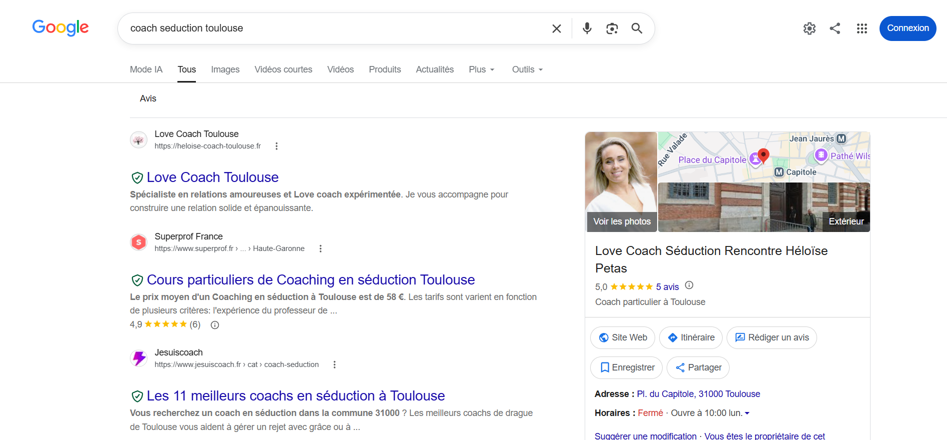 Capture Google : heloise-coach-toulouse.fr en position 1 sur coaching séduction toulouse