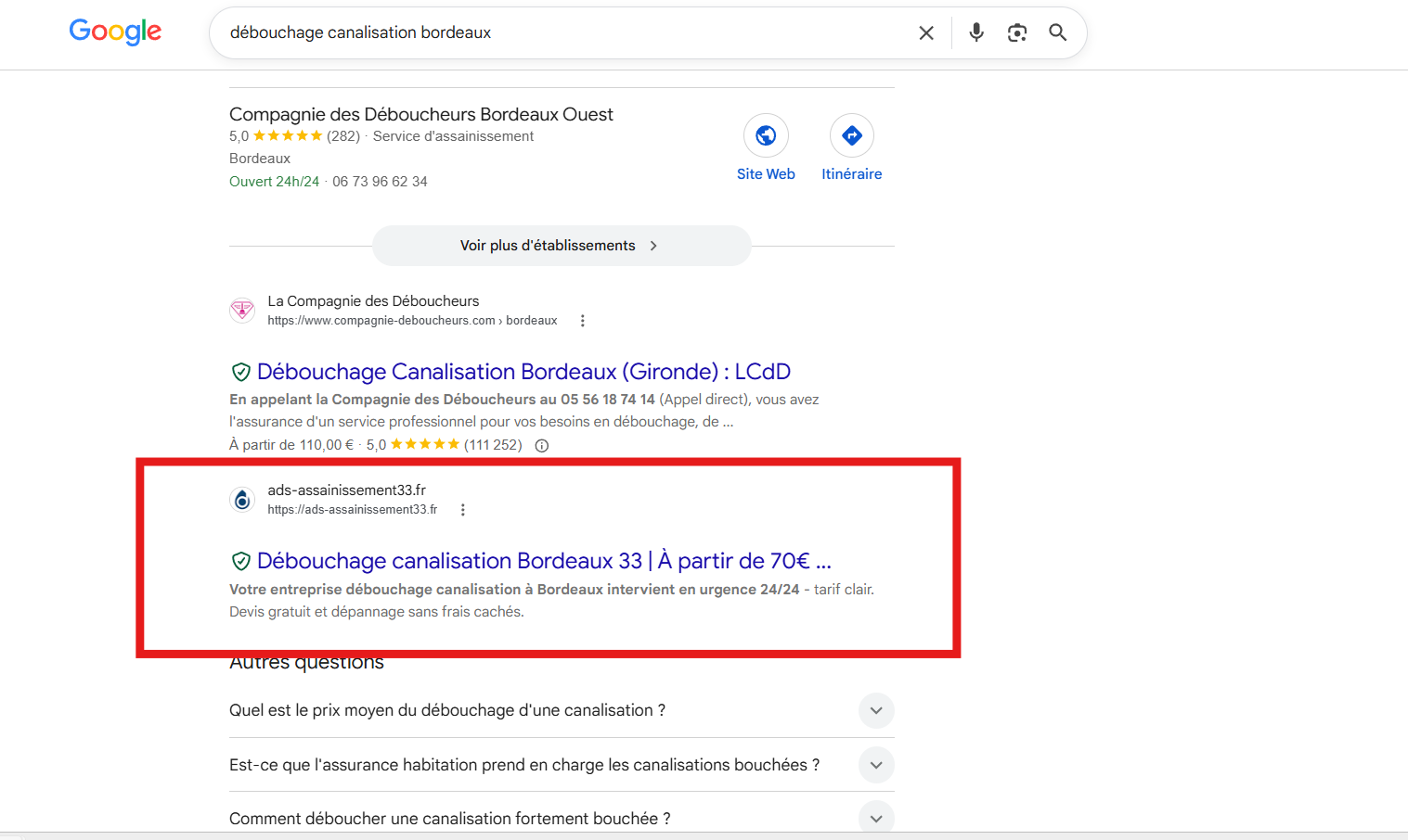 Capture Google : ads-assainissement33.fr en position 2 sur vidange fosse septique bordeaux