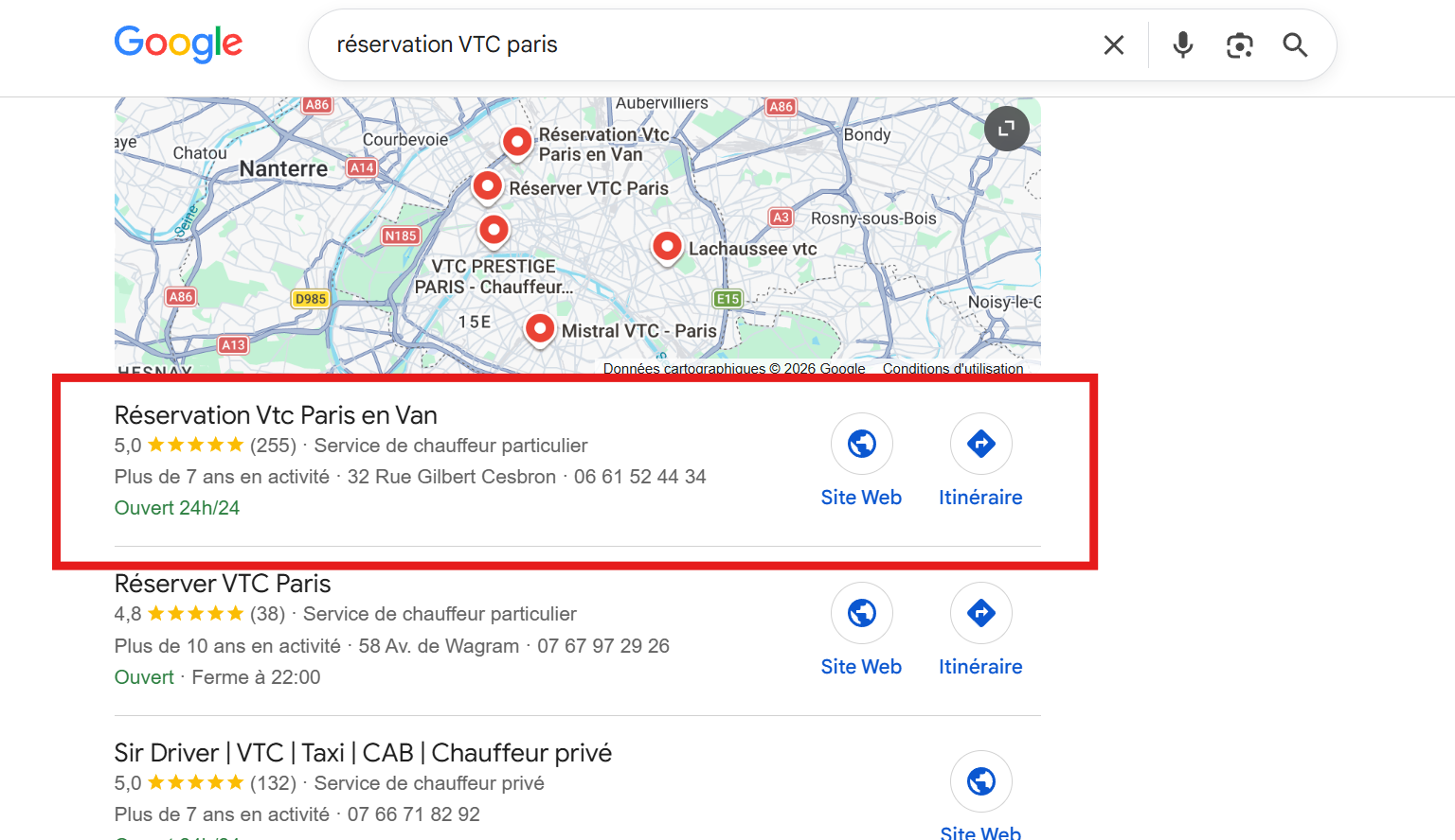 Fiche Google Business en position 1 du pack local sur réserver un vtc à paris